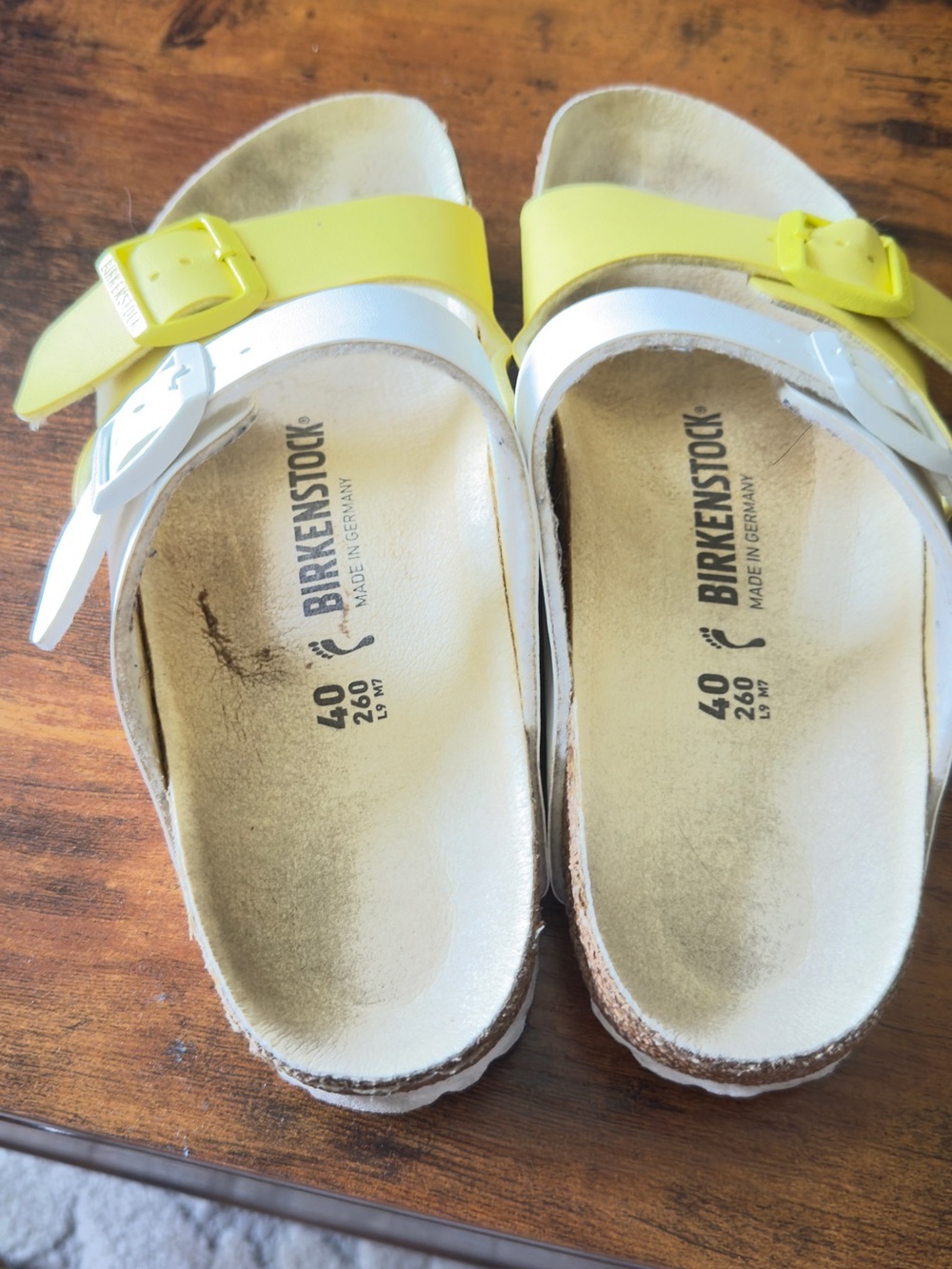 Birkenstock White & Yellow Slide Sandals with Contoured Cork Footbed - Picture 2 of 3